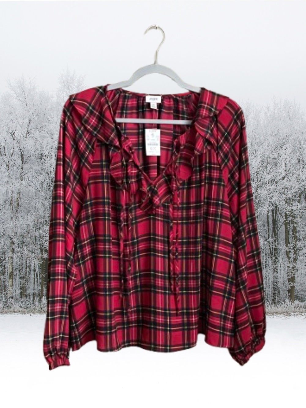 NWT J. Crew Factory red tartan plaid ruffle collared tie-front blouse top sz XXL